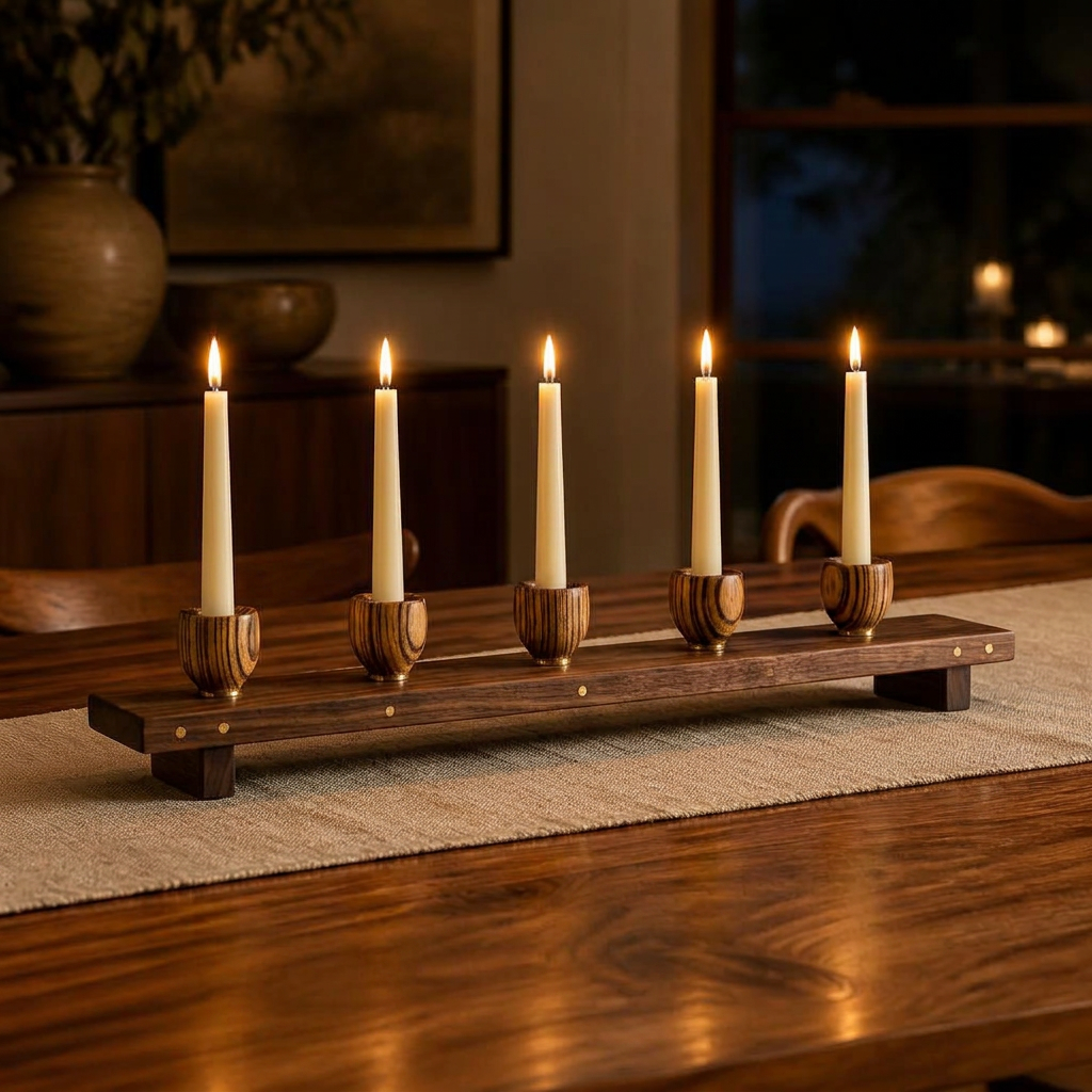 Dining Table Candle Stand — Black walnut · Zebrawood cups · Solid brass pins
