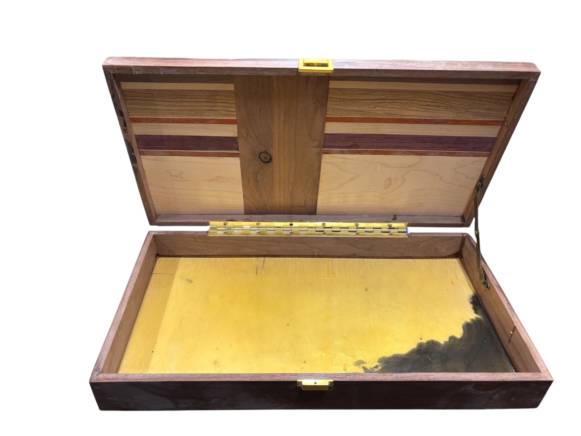 Dining Room Silverware Box open, showing the accent-striped lid interior
