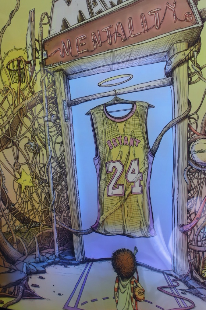 Illustrated storefront display featuring a Kobe Bryant number 24 jersey