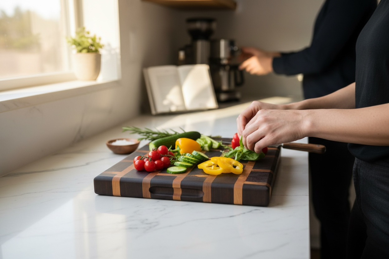 Striped end-grain serving board on a marble counter with vegetables being sliced