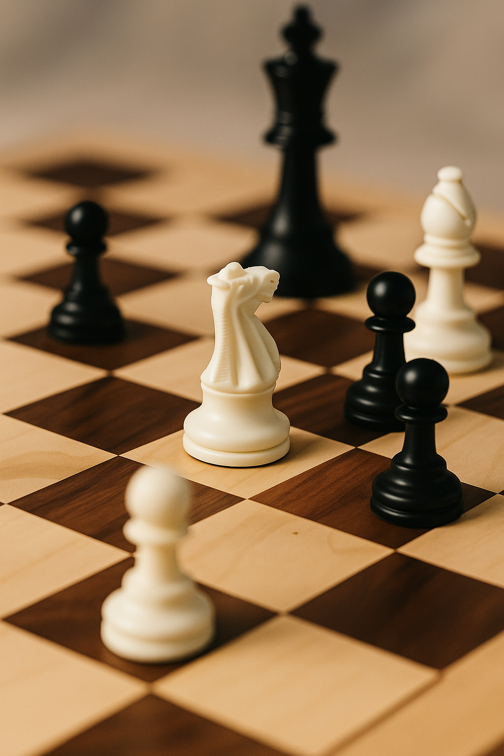 Chessboard with black and white pieces in play, a study in contrast, geometry and strategy