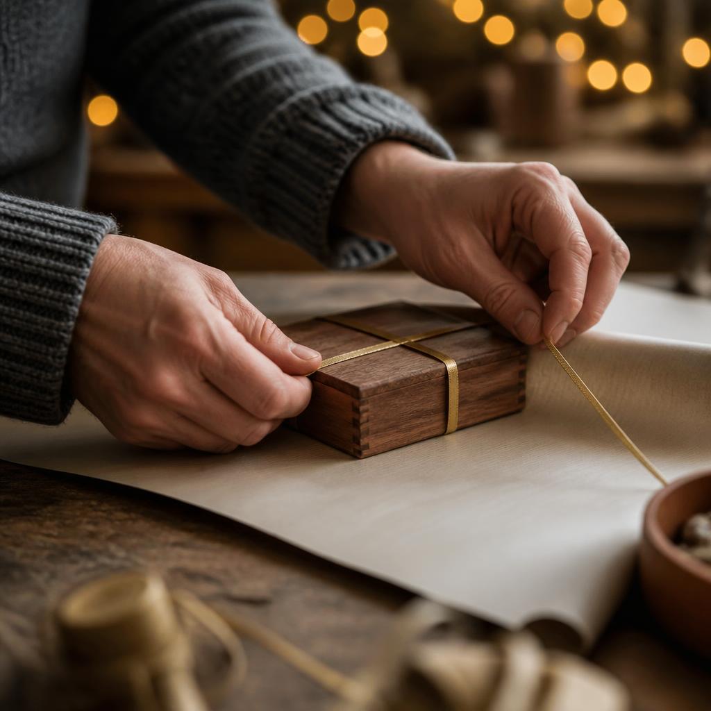 Hands tying a brass ribbon around a small wooden keepsake box