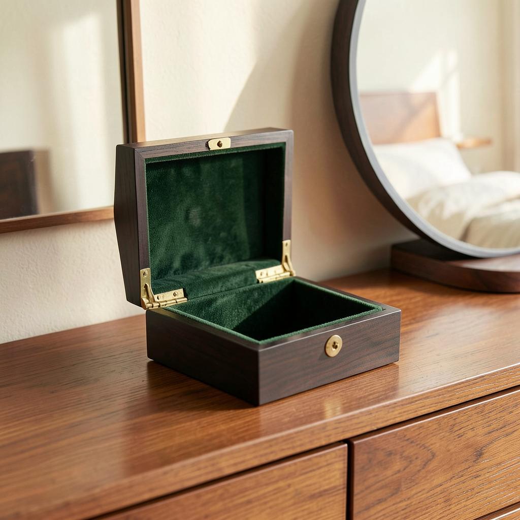 Bedroom Jewelry Box — Black walnut · Velvet lining · Brass hardware