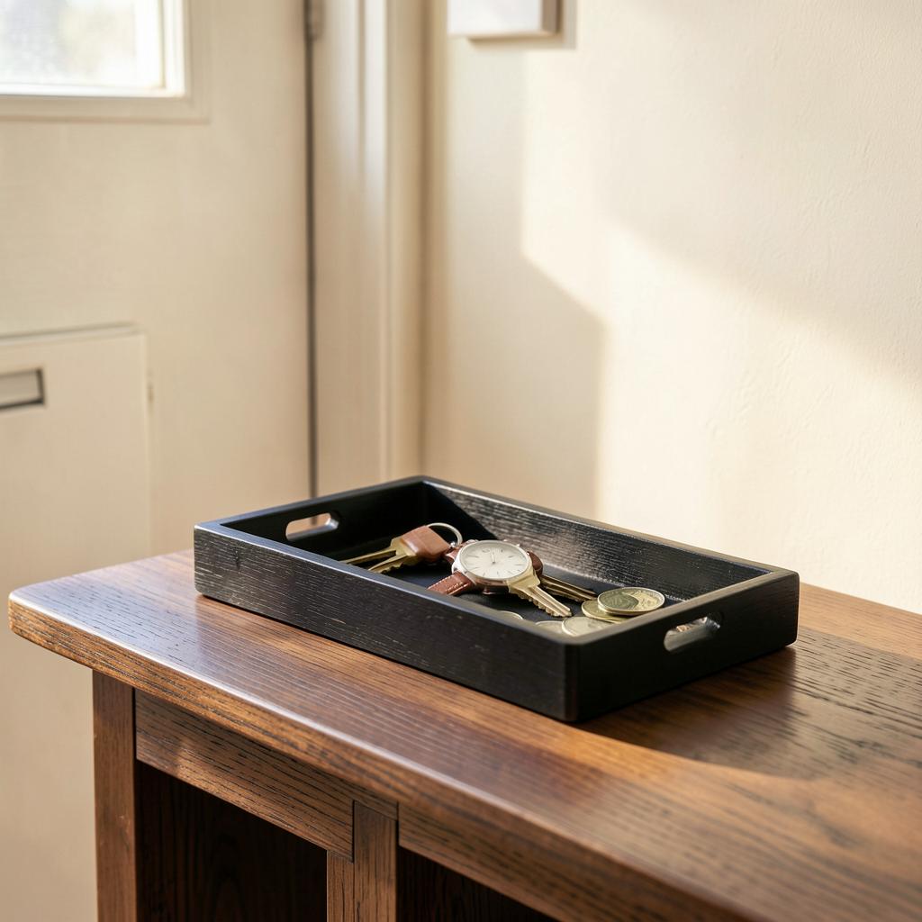 Threshold Catch-All — Black walnut · Brass inlay line