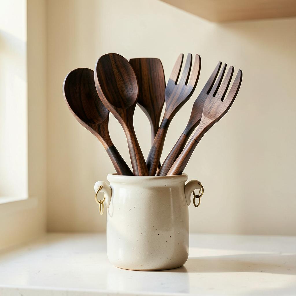 Bandsaw Utensil Set — Black walnut · Brass hanging rings