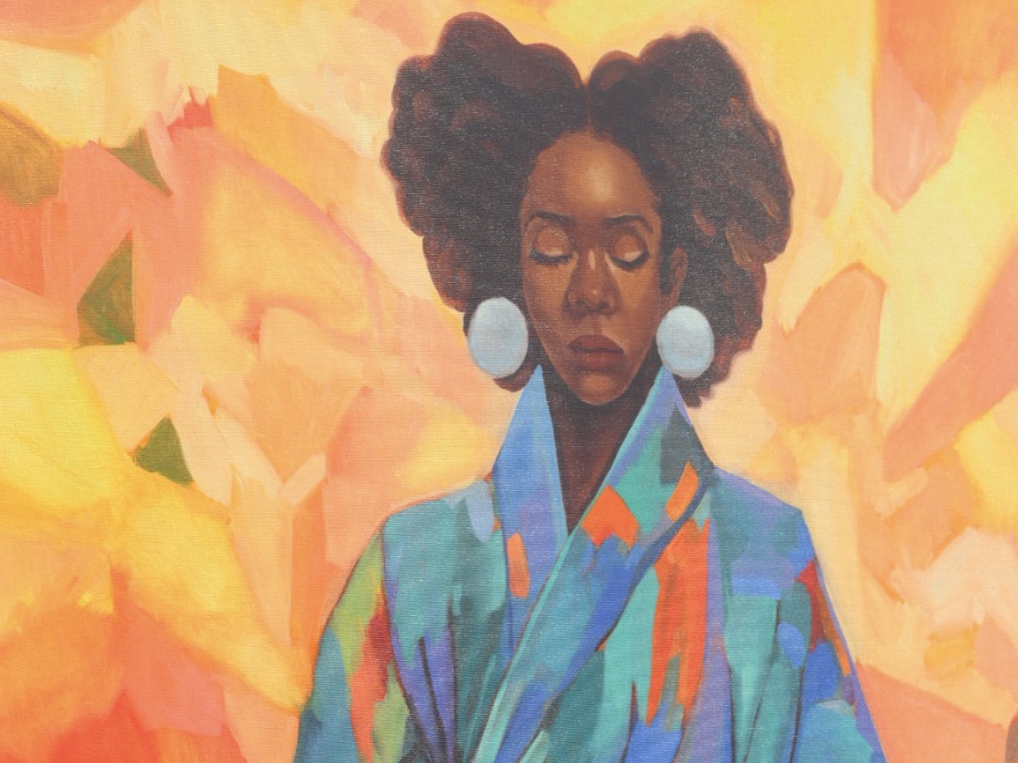 Painting of a woman with afro puffs in a blue robe against a warm abstract background