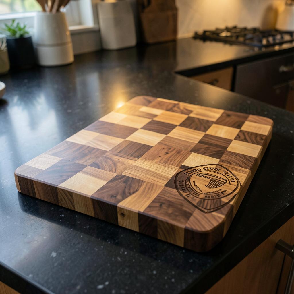 End-Grain Checkerboard — Team Engraved — Black walnut & hard maple end grain · Laser engraving