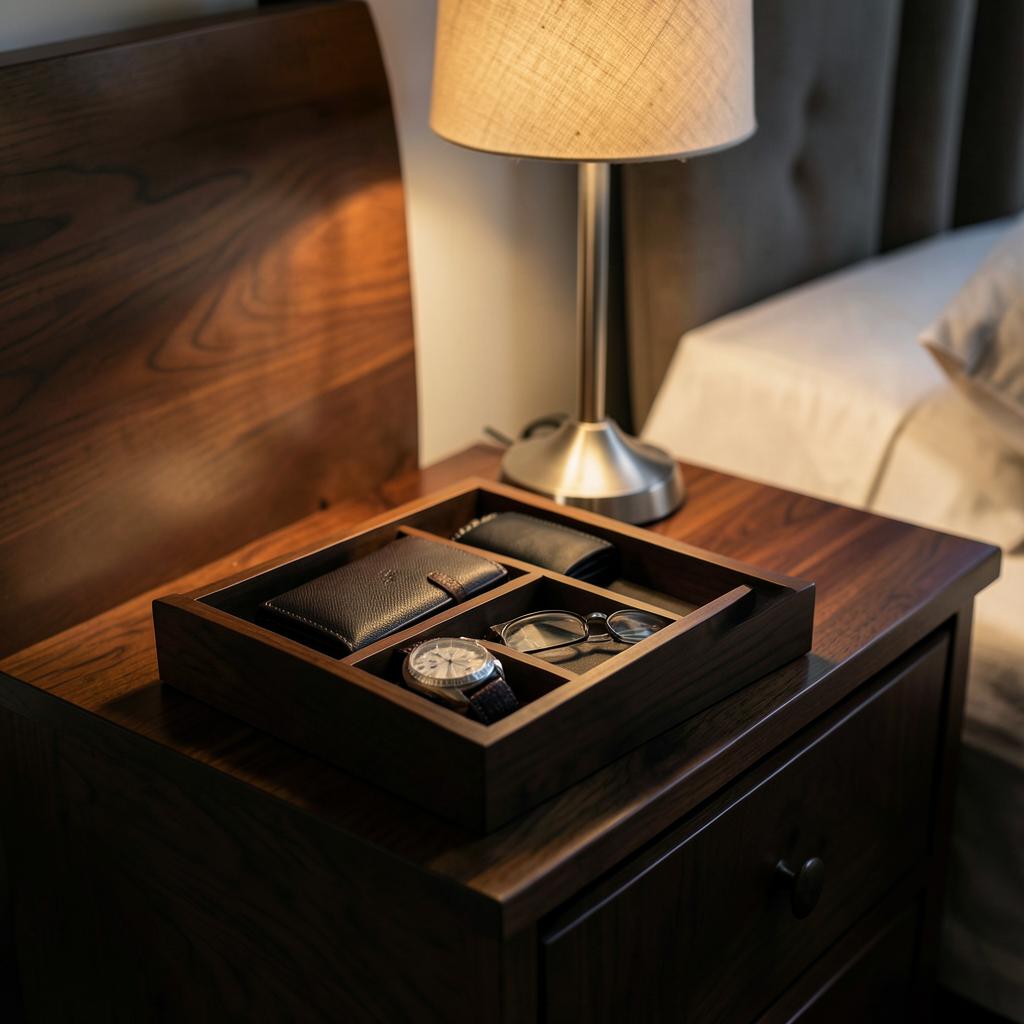 Gentleman's Nightstand Tray — Black walnut · Leather-lined well