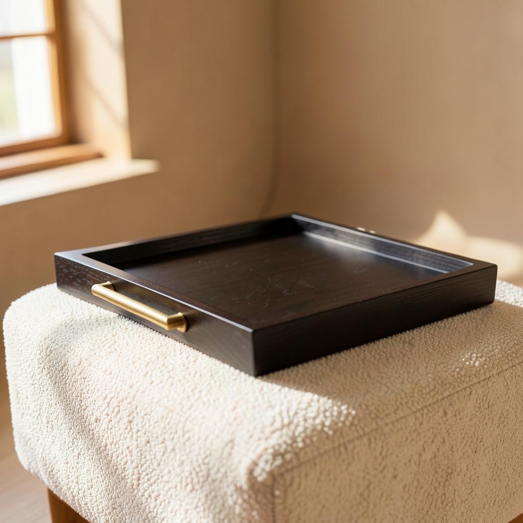 Hearthside Ottoman Tray — Black walnut · Solid brass bar handles