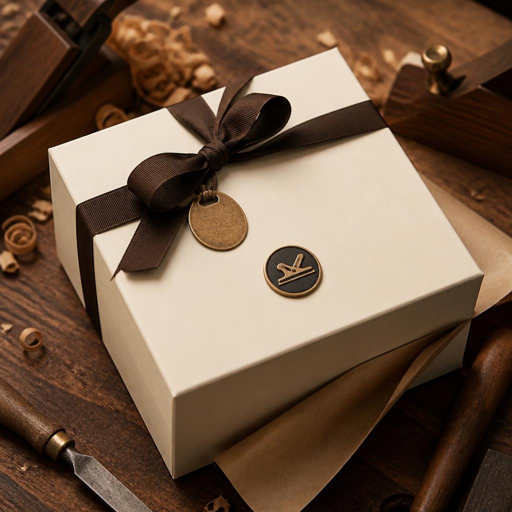 Cream gift box with dark ribbon, brass tag and the Right Angle badge on a workshop bench