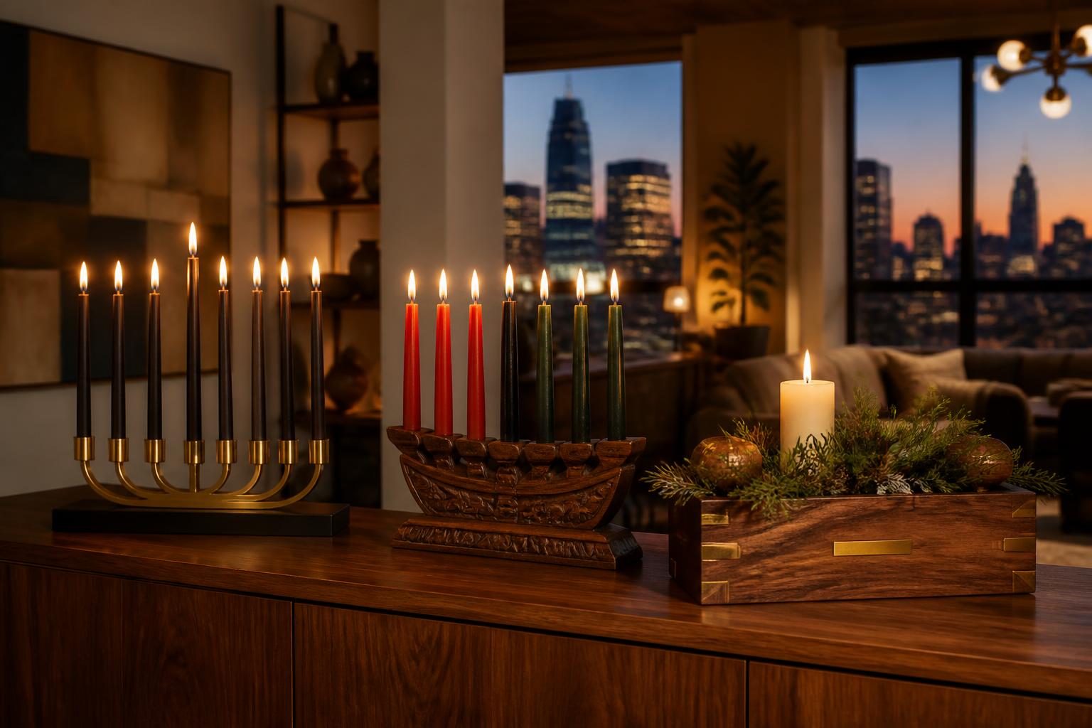 Menorah, kinara and Christmas centerpiece glowing on a walnut sideboard with the city skyline behind