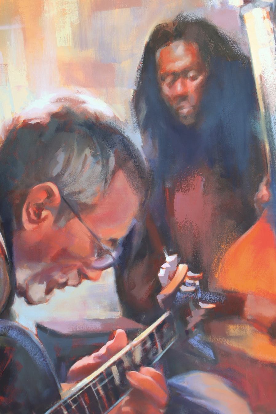 Painterly portrait of two figures, one playing guitar, in warm expressive tones