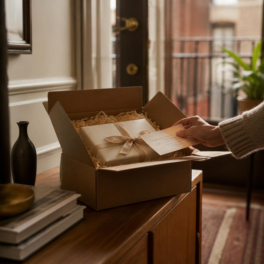 A kraft shipping box opened on a console table revealing a wrapped gift and a handwritten card