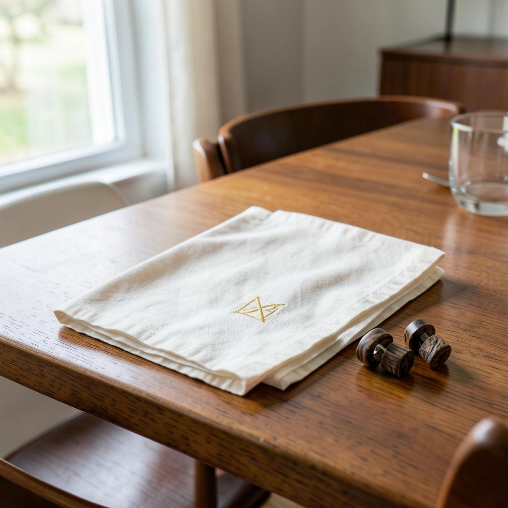 Monogram Linen Napkins & Scrap-Wood Clips Set — Cream linen · Ebony & zebrawood shop scraps · Gold thread