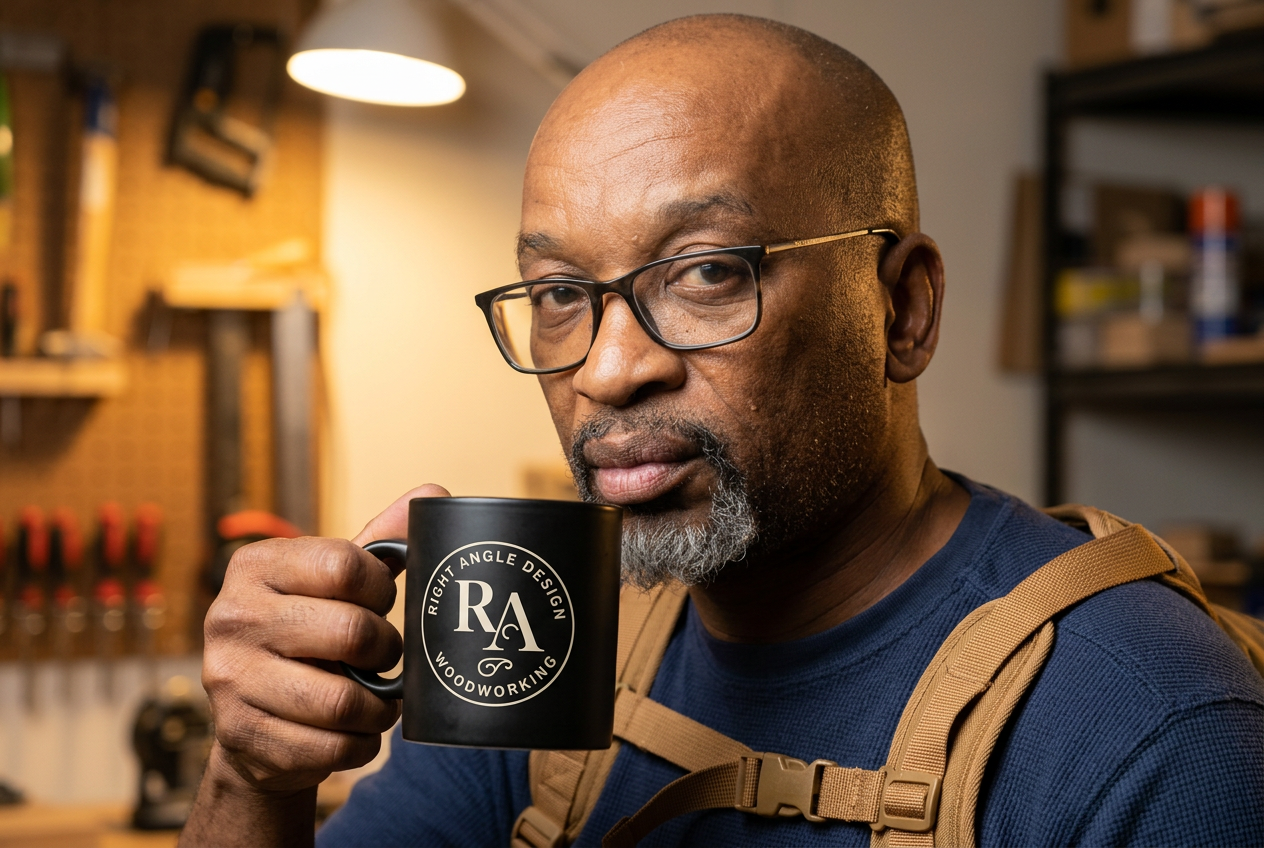 Carl holding a matte black Right Angle Design coffee mug with the cream RA logo