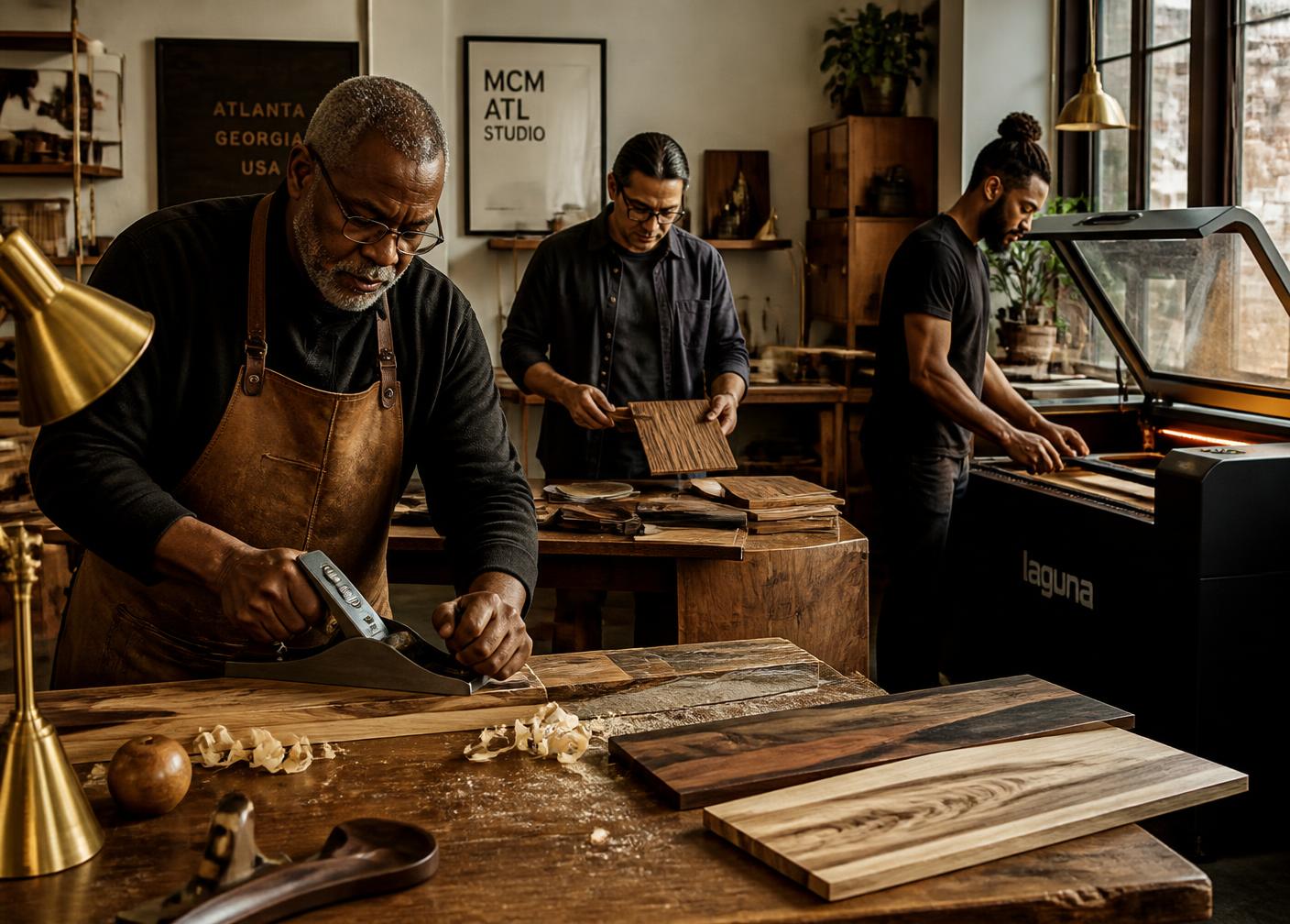 Three craftsmen working in the Right Angle Design Woodworking studio in Atlanta