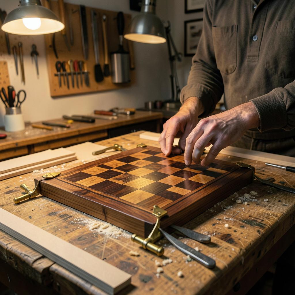 Craftsman clamping an ebony and maple chessboard glue-up in the Right Angle workshop