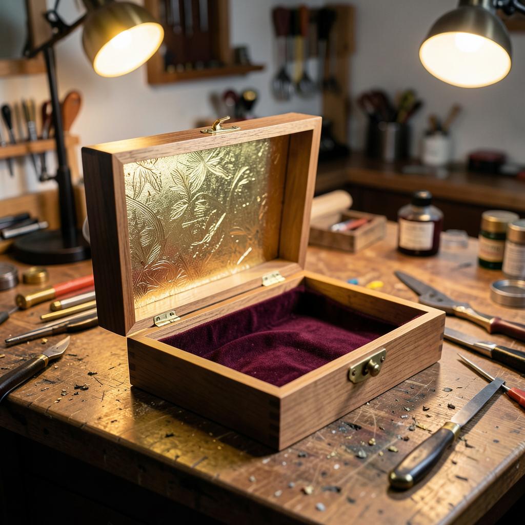 Handmade Spanish cedar cigar box with gold leaf lid interior and velvet lining in the Right Angle workshop