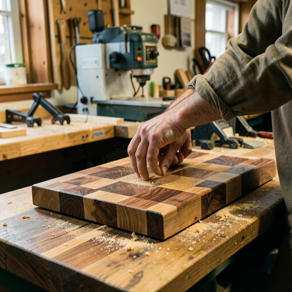 End-grain cutting board of walnut, cherry and maple being hand-finished on a workbench