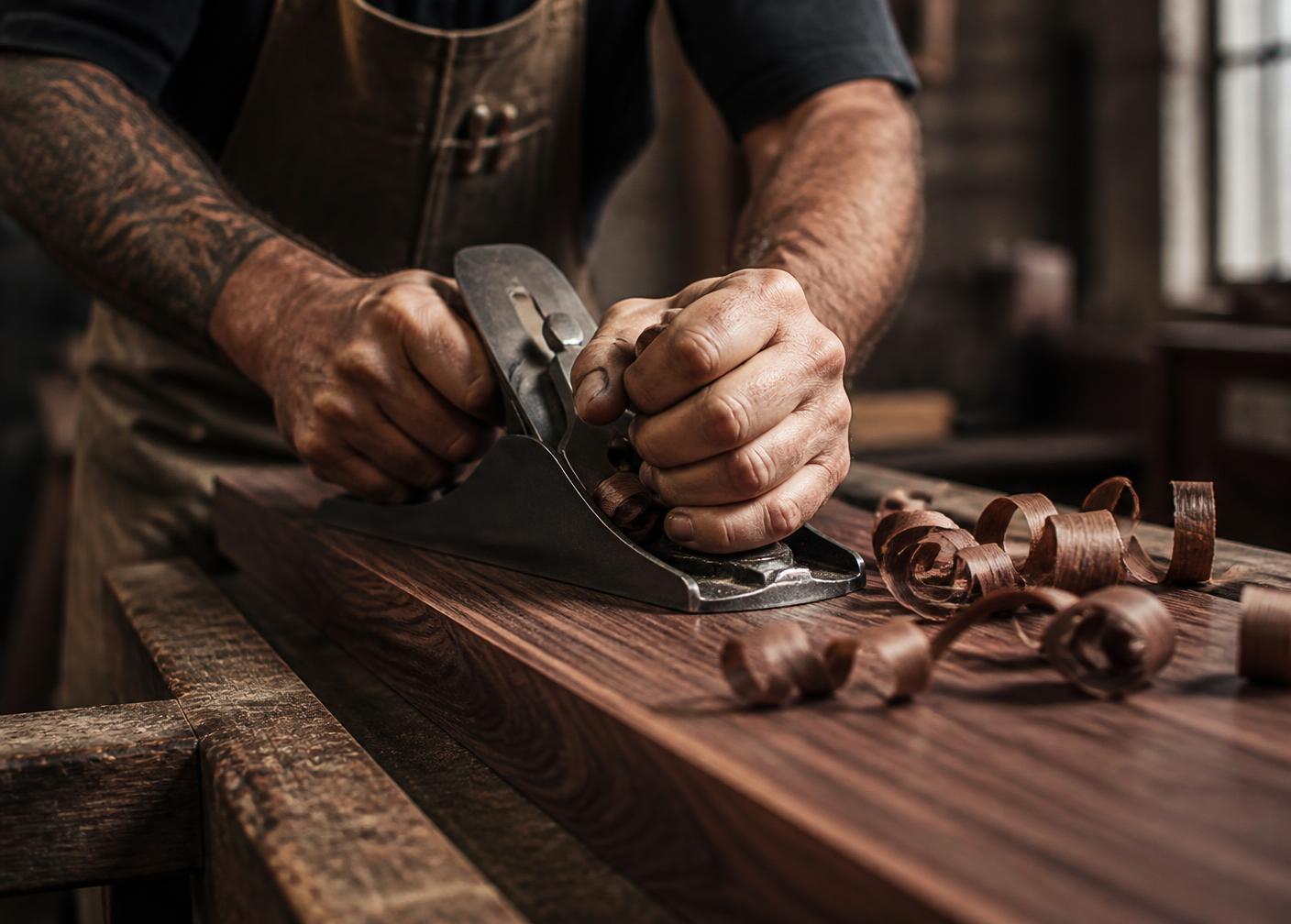 Hands planing a dark hardwood board in an urban workshop