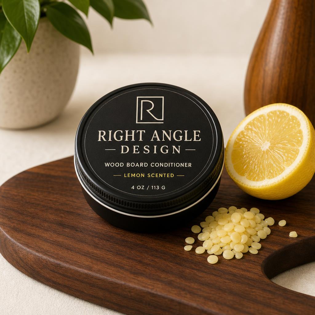 Black 4 oz tin of Right Angle Design lemon-scented wood board conditioner on a walnut board with beeswax pellets and a lemon half